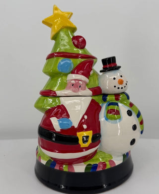 Christmas Cookie Jar Santa Snowman Christmas Tree Ceramic Holiday 10.75"