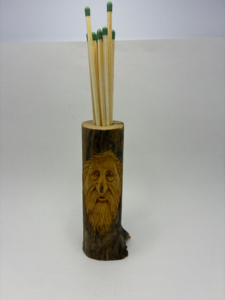 Signed Hand-Carved Wood Spirit Match Holder with Striker – Folk Art