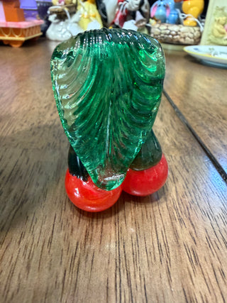 Bunch of 3 Blown Art Glass CHERRIES  with leaf - unmarked
