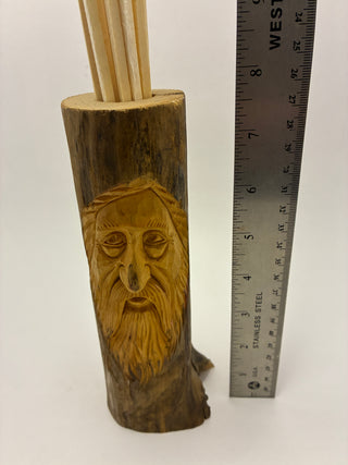 Signed Hand-Carved Wood Spirit Match Holder with Striker – Folk Art