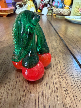 Bunch of 3 Blown Art Glass CHERRIES  with leaf - unmarked