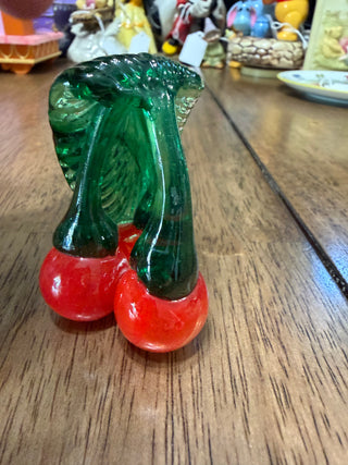 Bunch of 3 Blown Art Glass CHERRIES  with leaf - unmarked