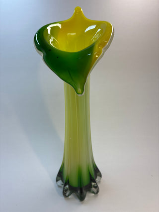 Murano-Style Green & Yellow Cased Art Glass Calla Lily Vase