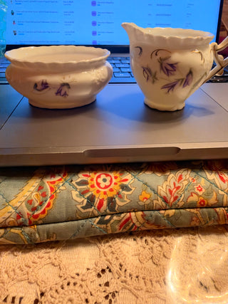 Vintage Hand Painted Purple Flowers Cream and sugar Set  Bone China Porcelain