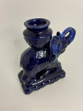 Cobalt Blue Ceramic Elephant Candle Holder – Trunk Up