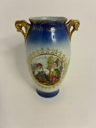 Vintage Blue & Gold Porcelain Vase – Double Handle Figural Scene
