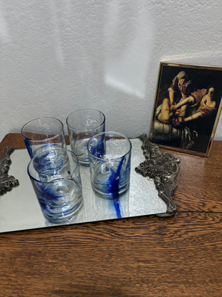 Set of 4 Cobalt Blue Swirl Art Glass Tumblers handblown