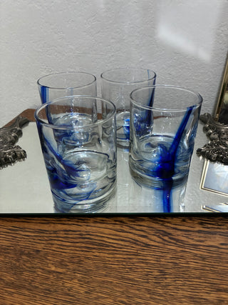 Set of 4 Cobalt Blue Swirl Art Glass Tumblers handblown