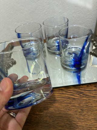 Set of 4 Cobalt Blue Swirl Art Glass Tumblers handblown