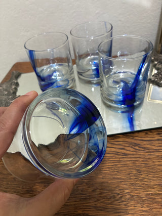 Set of 4 Cobalt Blue Swirl Art Glass Tumblers handblown