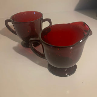 Vtg Ruby Glass Cream & Sugar Set, AH--SP