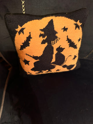 Halloween Black and Gold Witch with Cat & Broom Pillow