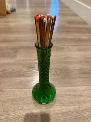 VTG Emerald Bud Vase w/ Matches