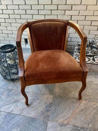 Vintage MCM Chocolate Brown Velvet Barrel Chair/French style with cabriole legs
