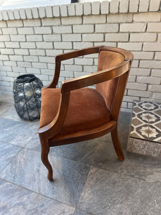 Vintage MCM Chocolate Brown Velvet Barrel Chair/French style with cabriole legs