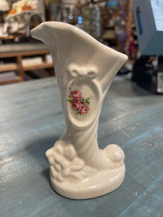 6" Vtg Cream Cornucopia Vase w/ Roses, Ceramic--SP