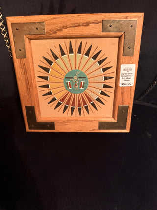 Signed Navajo Sandpainting – Sun & Eagle Design, Brass-Edged Frame, 8" × 8"