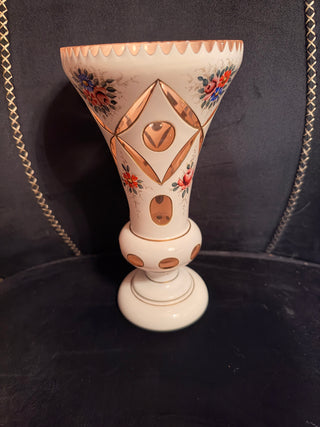 Vintage Gorgeous Bohemian Czech White Overlay Cut To Cranberry Glass Vase Floral Design
