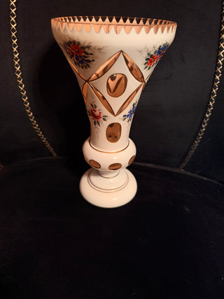 Vintage Gorgeous Bohemian Czech White Overlay Cut To Cranberry Glass Vase Floral Design