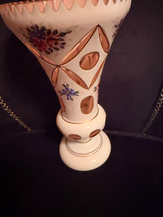 Vintage Gorgeous Bohemian Czech White Overlay Cut To Cranberry Glass Vase Floral Design