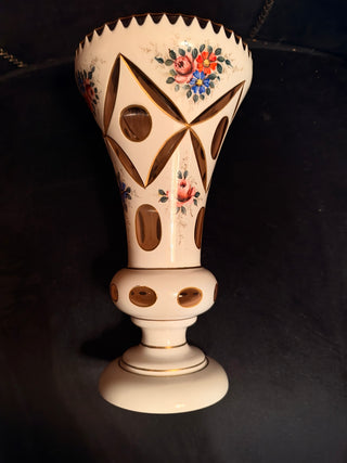 Vintage Gorgeous Bohemian Czech White Overlay Cut To Cranberry Glass Vase Floral Design