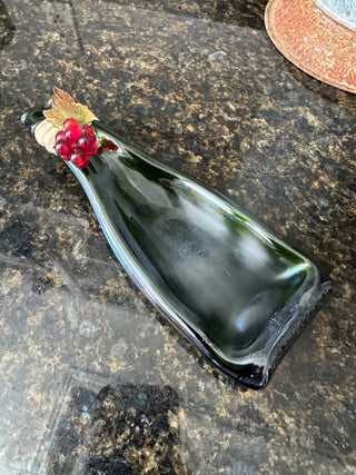 Flattened Green wine bottle with grapes serving tray