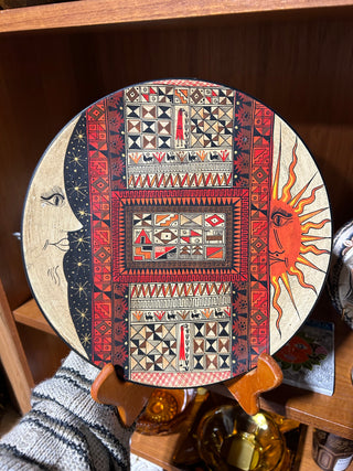 Hand-Painted Wooden Sun and Moon Plate