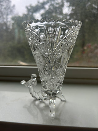 Vtg Hofbauer Byrdes W. Germany 24% Lead Crystal Cornucopia Etched Bird Vase
