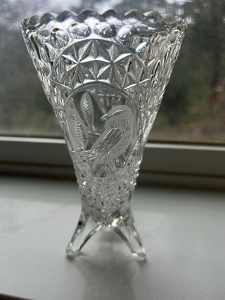 Vtg Hofbauer Byrdes W. Germany 24% Lead Crystal Cornucopia Etched Bird Vase
