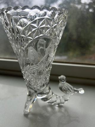 Vtg Hofbauer Byrdes W. Germany 24% Lead Crystal Cornucopia Etched Bird Vase