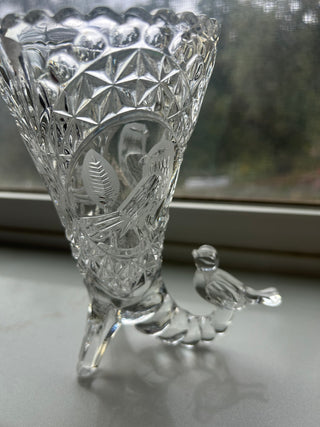 Vtg Hofbauer Byrdes W. Germany 24% Lead Crystal Cornucopia Etched Bird Vase