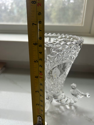 Vtg Hofbauer Byrdes W. Germany 24% Lead Crystal Cornucopia Etched Bird Vase