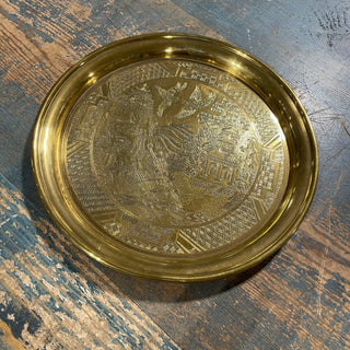 Vtg 10.5" Round Brass Tray, Blue Willow Etch England--SP