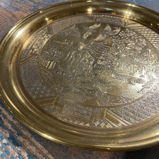Vtg 10.5" Round Brass Tray, Blue Willow Etch England--SP
