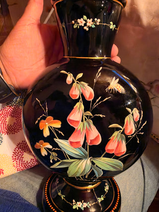 Antique Bohemain Black Hyalith Glass Vase with painted enamel flowers gold Gilding