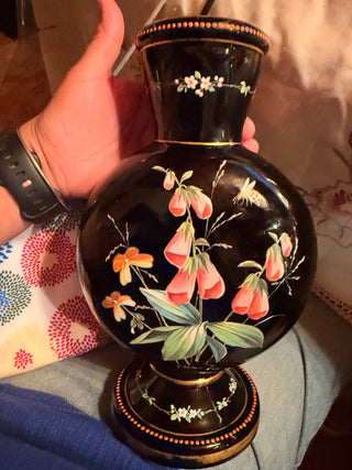Antique Bohemain Black Hyalith Glass Vase with painted enamel flowers gold Gilding