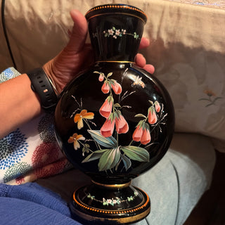 Antique Bohemain Black Hyalith Glass Vase with painted enamel flowers gold Gilding