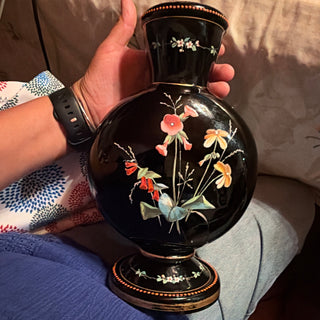 Antique Bohemain Black Hyalith Glass Vase with painted enamel flowers gold Gilding