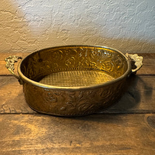 Vtg Handled Floral Embossed Brass Planter