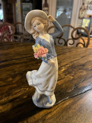 Vintage Porcelain Lady In Wind With Flowers