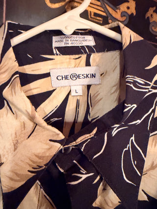 Ron Chereskin Hawaiian Mens Large Button Up Palm Leaves Black Green Tan