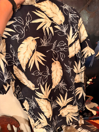 Ron Chereskin Hawaiian Mens Large Button Up Palm Leaves Black Green Tan