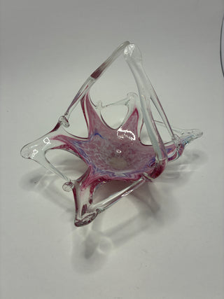 Vintage Hand-Blown Art Glass Basket with Pink Swirl and Applied Clear Legs — Mid-Century Decorative Centerpiece