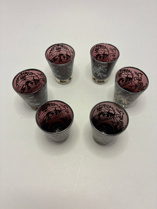 Set of 6 Vintage Amethyst Purple Glass Cordial Shot Glasses with Silver Overlay Floral Design — Italian/Bohemian Mid-Century Barware