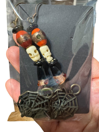 VTG Artisan Halloween Spiderweb & Skull Earrings