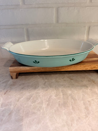 Vintage Desco Holland enameled cast iron oval baking dish in the 'Blue Tulip'