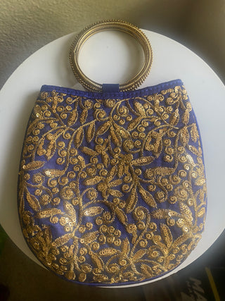 Blue/gold embroidered purse/hoop handle