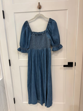 Denim Tiered Dress, Ruched Bodice, Midi Length, Short Puffed Sleeves, Size Small