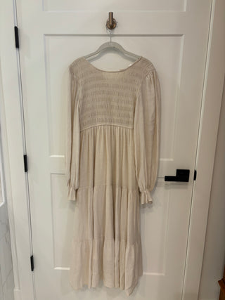 Cream  Long Sleeve  Ruched  Tiered  Midi  Dress, Size S
