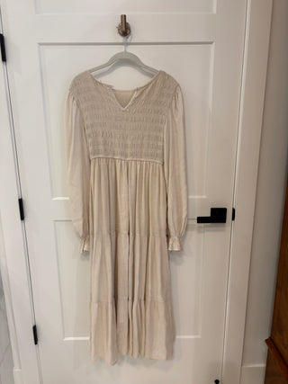 Cream  Long Sleeve  Ruched  Tiered  Midi  Dress, Size S